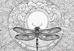 (fine line) cloud and sun with small dragonfly tattoo idea