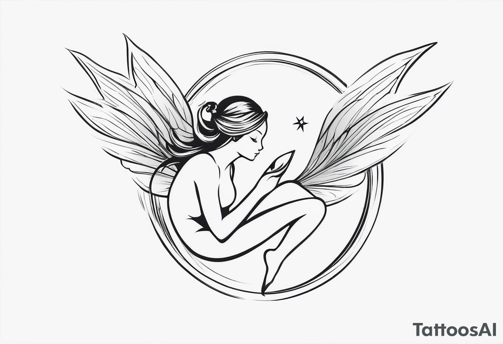 Minimalistic, monochromatic fairy with a tail flying to the left in a fetal position, leaning and looking in the same direction, with visible hands, embodying the 'Fairy Tail' logo aesthetic. tattoo idea