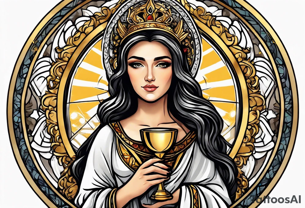 woman saint holding chalice surrounded by golden halo portrait tattoo idea