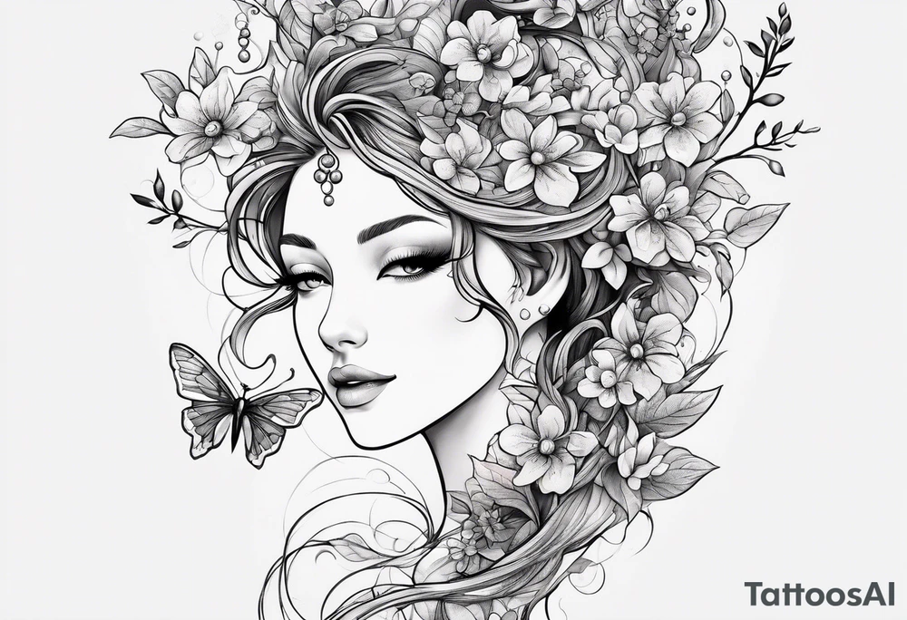 Winding branches and leaves and tiny flowers with a small moth and bubbles tattoo idea