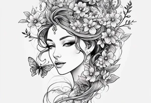 Winding branches and leaves and tiny flowers with a small moth and bubbles tattoo idea