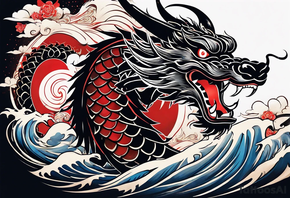 Nakama, painted in traditional Japanese calligraphy style, with Japanes dragon intertwined, flying through the empty spaces of the paint strokes tattoo idea