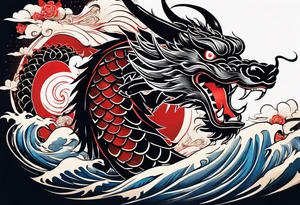 Nakama, painted in traditional Japanese calligraphy style, with Japanes dragon intertwined, flying through the empty spaces of the paint strokes tattoo idea