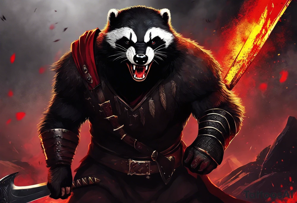 Draw me psychopath Fearless Honey Badger/Berserker with aggressive full body, killer face with a scary smile, very long nails and he attacks like a Bloody Assassin/Warrior/Gladiator to us and also, he has very deadly looking. He fights with his nails only. Everybody scares after their first sight. Give me horror type Badger Tattoo. I want to see his Realistic full body with no weapons. You can show destruction at the back. tattoo idea