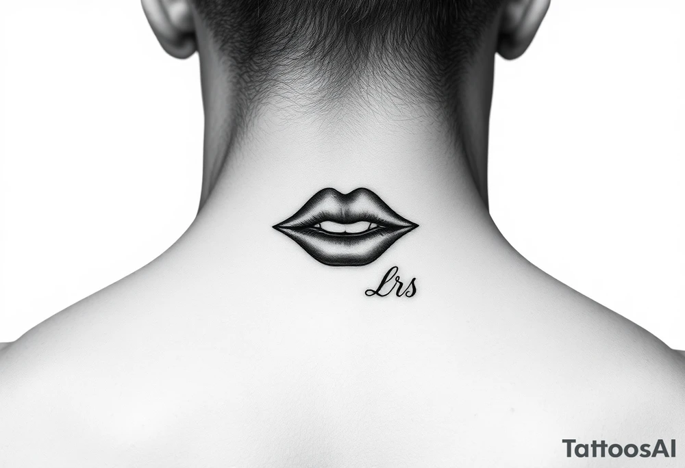 Feminine kiss mark tattooed on the neck with the initials lrs beside it tattoo idea