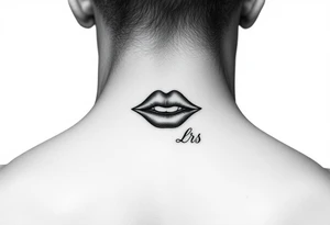 Feminine kiss mark tattooed on the neck with the initials lrs beside it tattoo idea