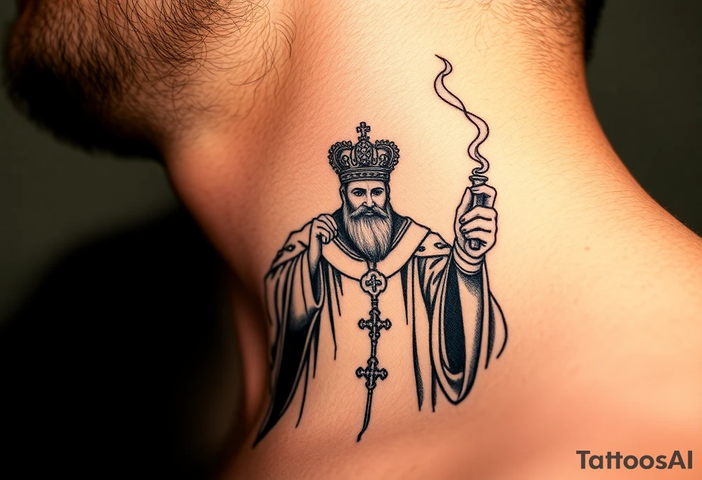 Russian Orthodox Priest in a fully detailed gold vestment swinging a censer with smoke curling upward tattoo idea
