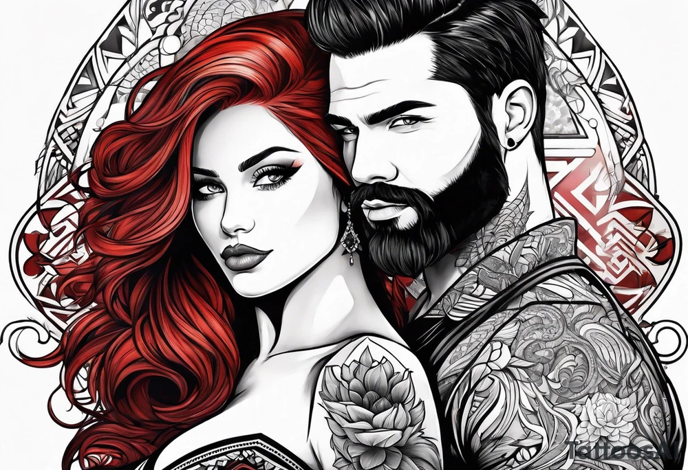 Busty red hair woman with bearded man black hair tattoo idea