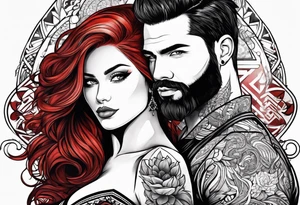 Busty red hair woman with bearded man black hair tattoo idea
