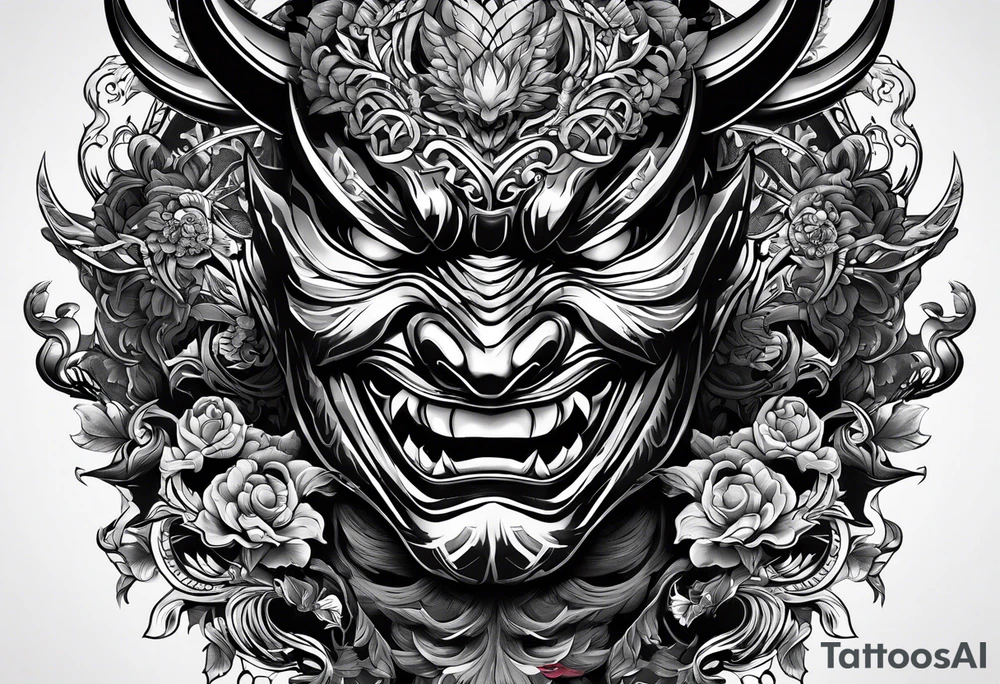 Um homem com a cabeça raspada usando uma máscara de hannya tattoo idea