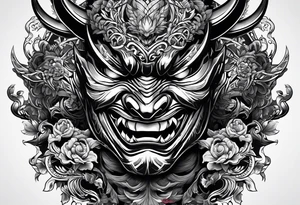 Um homem com a cabeça raspada usando uma máscara de hannya tattoo idea