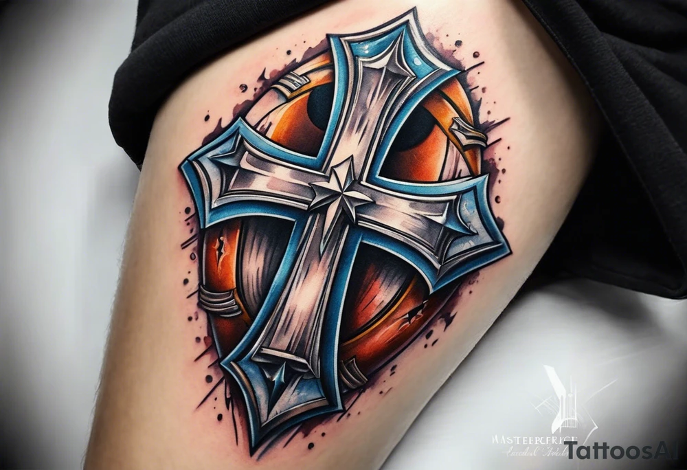 Cross with american football laces tattoo idea