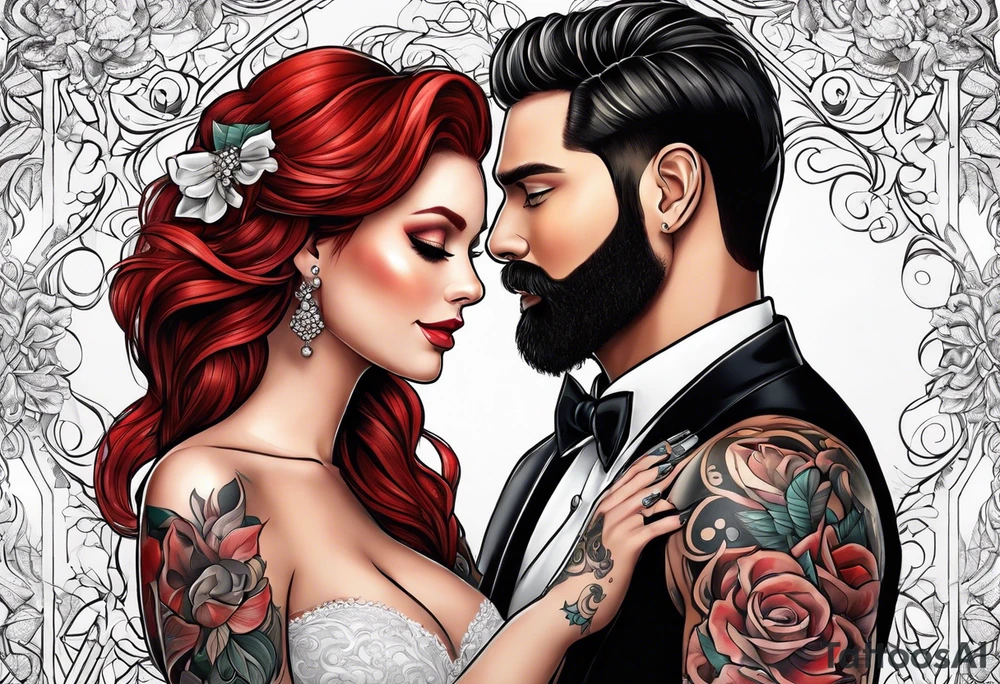 Busty red haired woman with a bearded man who has black hair getting married tattoo idea