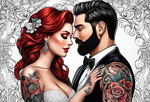 Busty red haired woman with a bearded man who has black hair getting married tattoo idea