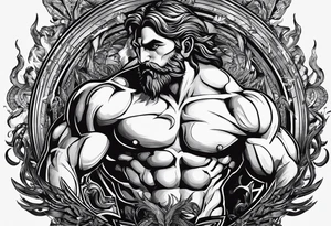 Prometheus: Ein muskulöser Titan, der das Feuer den Menschen bringt, mit einem fokussierten Blick und einer ausgestreckten Hand, die das flammende Feuer hält. tattoo idea