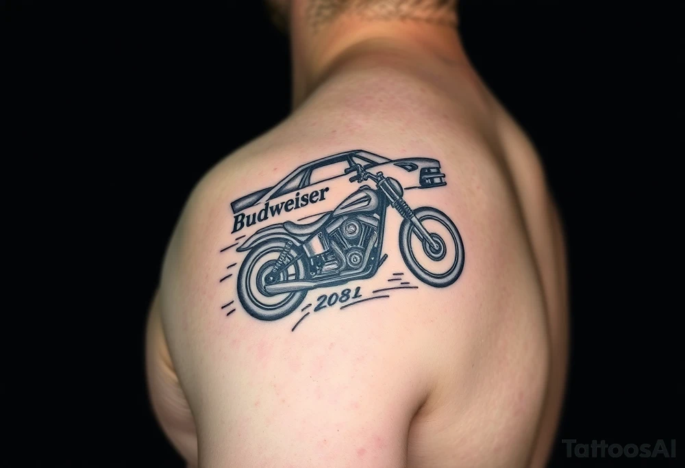 An arm tattoo with Dale Earnhardt car on it with the year 1958 - 2021 intertwined with a motorcycle with a Budweiser logo on it tattoo idea