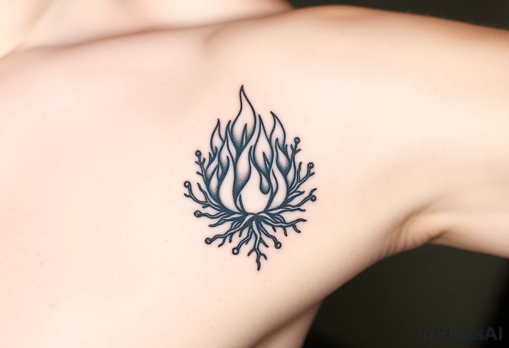 flame in a blooming roots circle tattoo idea