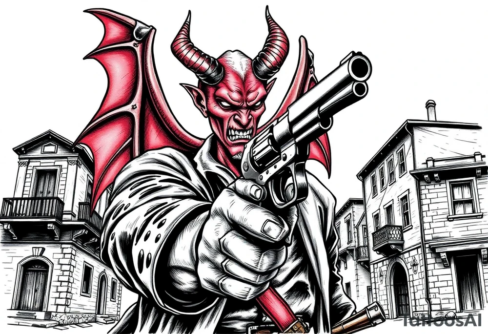a demon in cowboy,a gun in a hand,old buildings in the background. tattoo idea