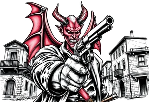 a demon in cowboy,a gun in a hand,old buildings in the background. tattoo idea
