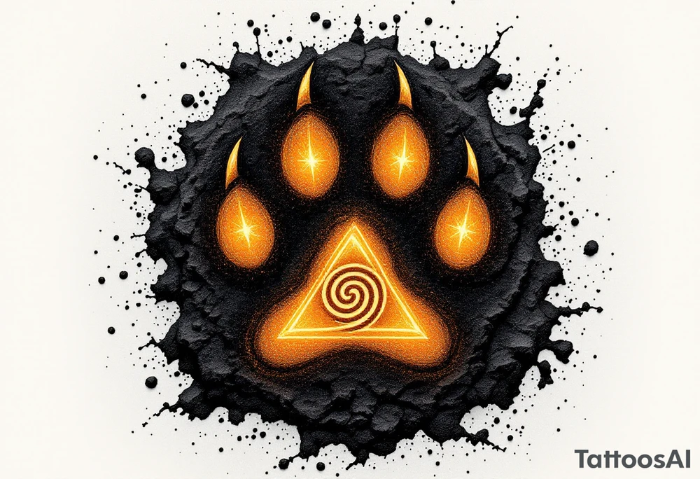 Veles' Paw — A realistic bear paw print with three sharp claws, overlaid on dark earthy soil, with Veles’ spiral rune glowing in golden-yellow within the central pad. tattoo idea