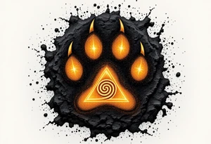 Veles' Paw — A realistic bear paw print with three sharp claws, overlaid on dark earthy soil, with Veles’ spiral rune glowing in golden-yellow within the central pad. tattoo idea