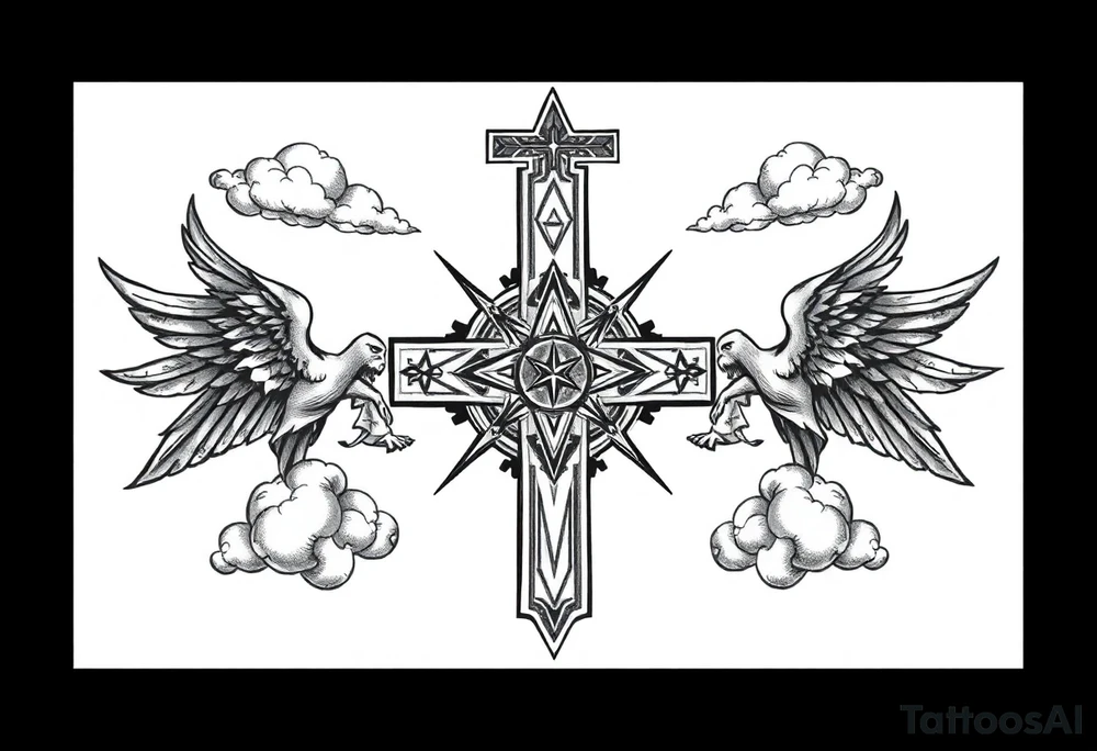cast all your anxiety on him because he cares for you"  1 peter 5:7 with angels and clouds,cross tattoo idea