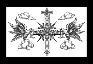 cast all your anxiety on him because he cares for you"  1 peter 5:7 with angels and clouds,cross tattoo idea