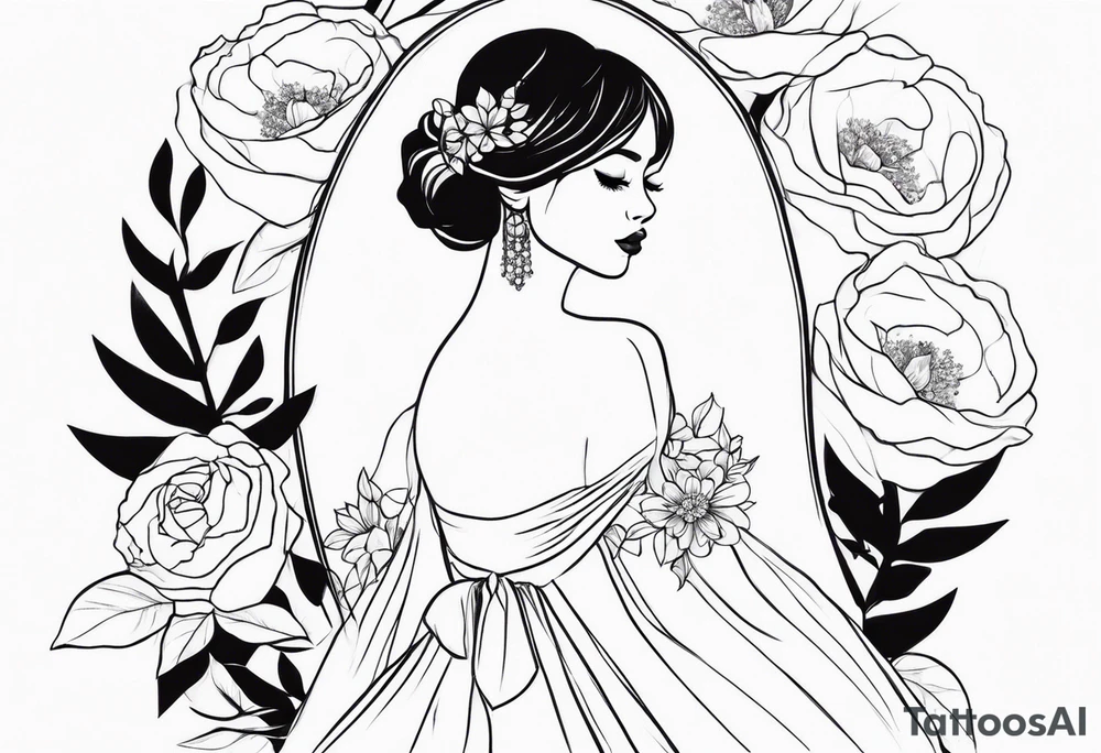 GIRL IN WEDDING DRESS WITH FLOWERS IN HAND tattoo idea