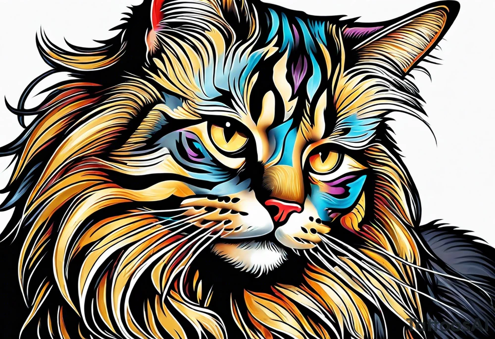 Long hair cat Maine coon, regal, face tattoo idea