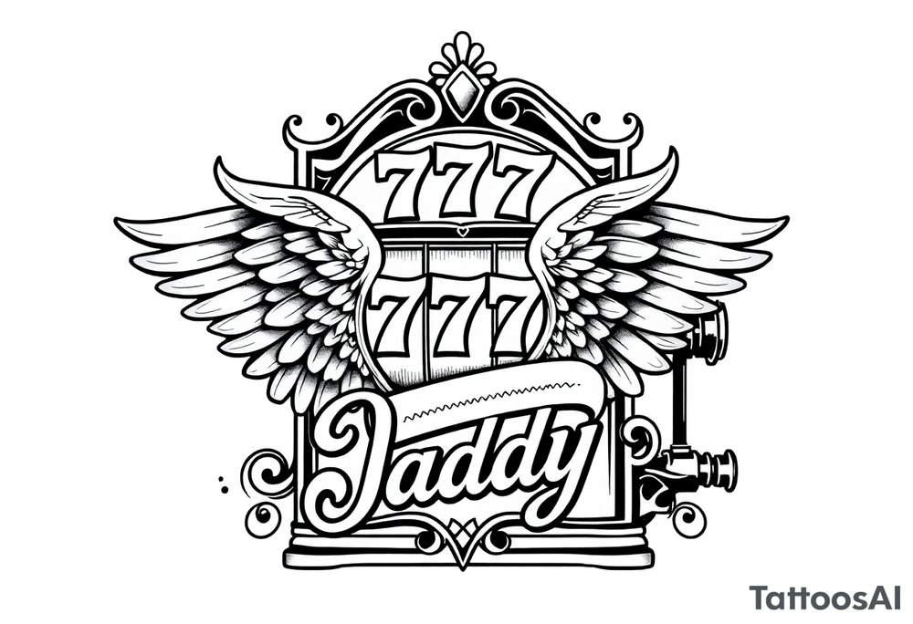 Slot machine with 777 and word Daddy with angel wings tattoo idea