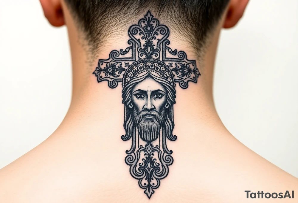 A large Orthodox cross with ornate detailing
Christ Pantocrator face (very traditional Orthodox icon style) tattoo idea