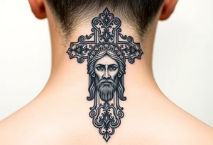 A large Orthodox cross with ornate detailing
Christ Pantocrator face (very traditional Orthodox icon style) tattoo idea
