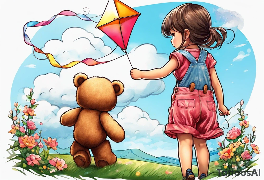 back image of a little girl flying a kite and a teddy bear in overalls, standing beside her tattoo idea