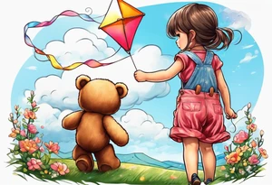 back image of a little girl flying a kite and a teddy bear in overalls, standing beside her tattoo idea