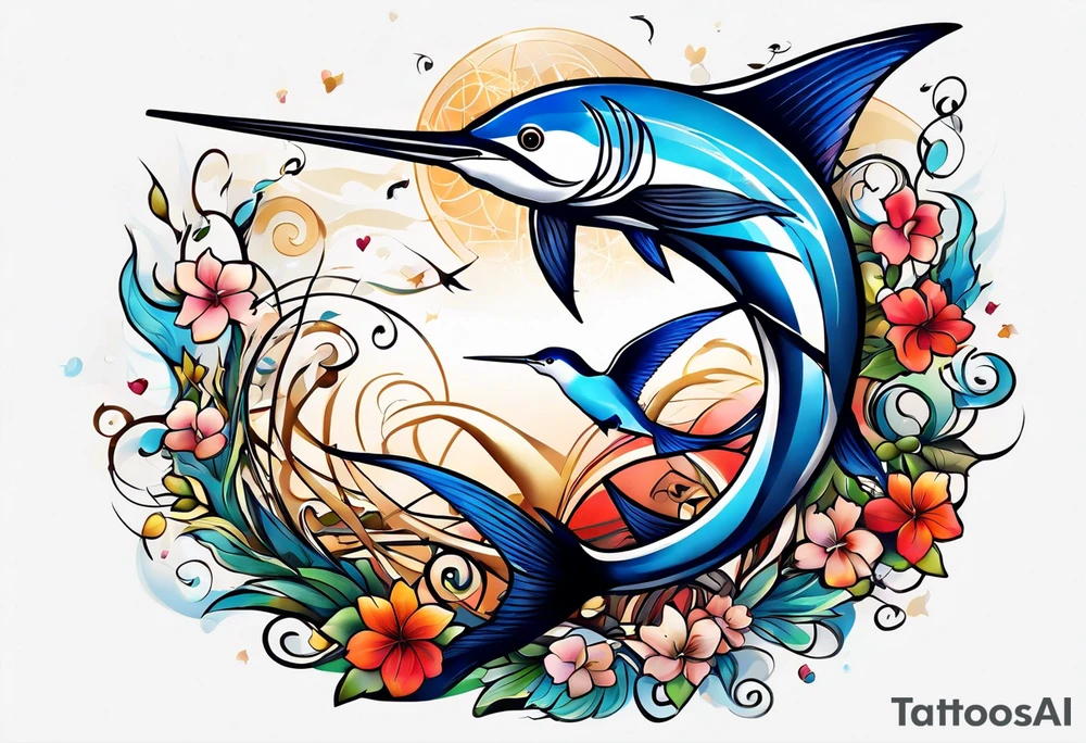 Marlin, musical notes, peace tattoo idea
