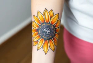 A radiant sunflower with golden-yellow petals, its center detailed with intricate spirals and word "hope", symbolizing resilience and joy tattoo idea