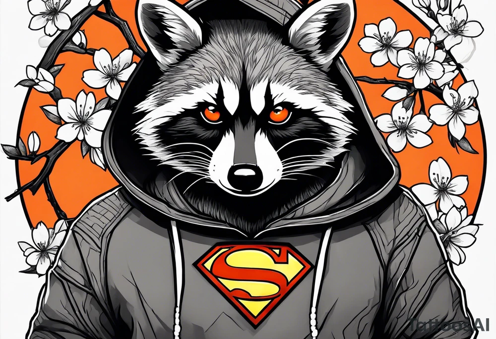 raccoon wearing a black and white Superman hoodie and orange Japanese cherry blossoms tattoo idea