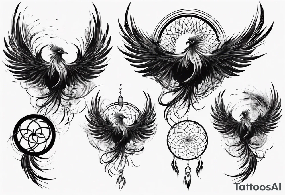 Vertical angry flying Phoenix with wings blending into circles and a long abstract dream catcher feather tail tattoo idea