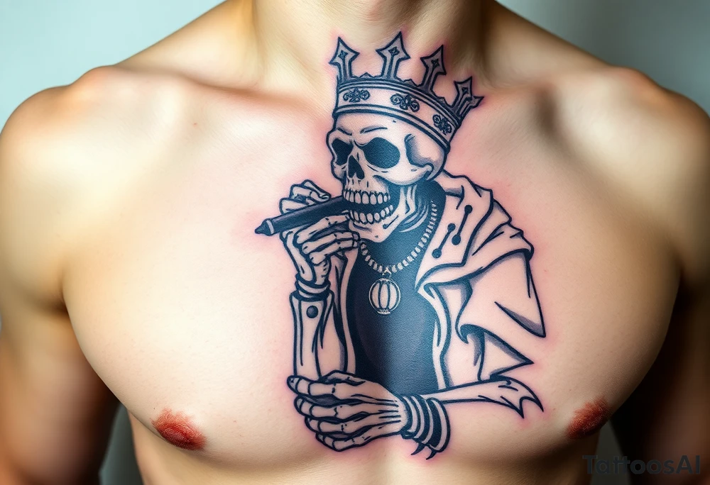 evil skeleton king in clothes having a good time getting drunk tattoo idea