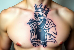 evil skeleton king in clothes having a good time getting drunk tattoo idea