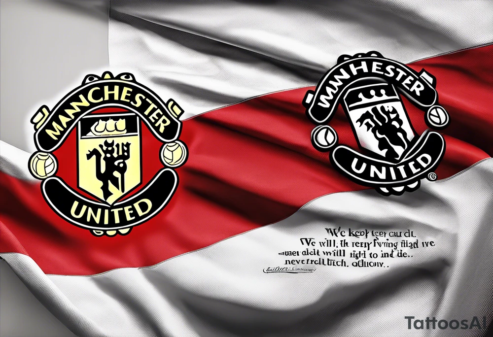 manchester united, flag, and a quote: we'll keep the red flag flying high, 'cause man united will never die tattoo idea