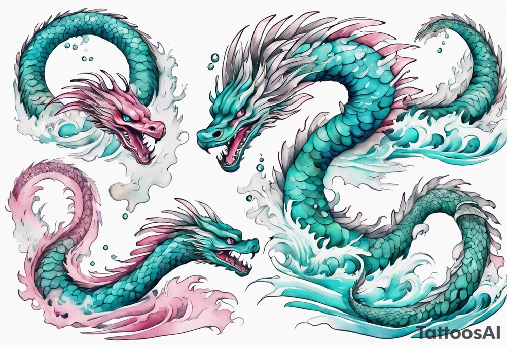 a turquoise and white and pink feathered sea serpent with beautiful eyes emerging from the stormy sea tattoo idea