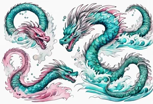 a turquoise and white and pink feathered sea serpent with beautiful eyes emerging from the stormy sea tattoo idea