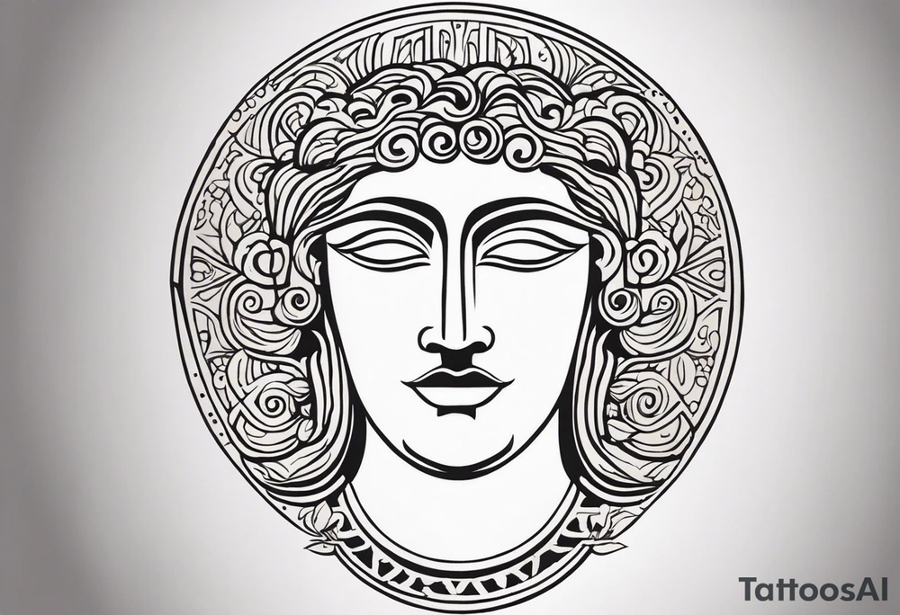 "Craft a minimalist tattoo design in the style of ancient Greek art, featuring Dionysus with his affection for theater. Depict Dionysus in a simplified yet elegant form, reminiscent of classical Greek sculpture, holding a theatrical mask and a goblet of wine. Surround him with subtle geometric patterns or motifs inspired by ancient Greek pottery, such as meanders or key patterns. Ensure the design maintains a minimalist aesthetic while incorporating elements that evoke the sophistication and timelessness of Greek art, capturing Dionysus's connection to both wine and theater in a visually striking manner." tattoo idea