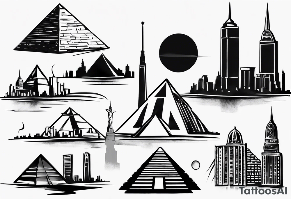 Manhattan skyline with egyptian pyramids tattoo idea