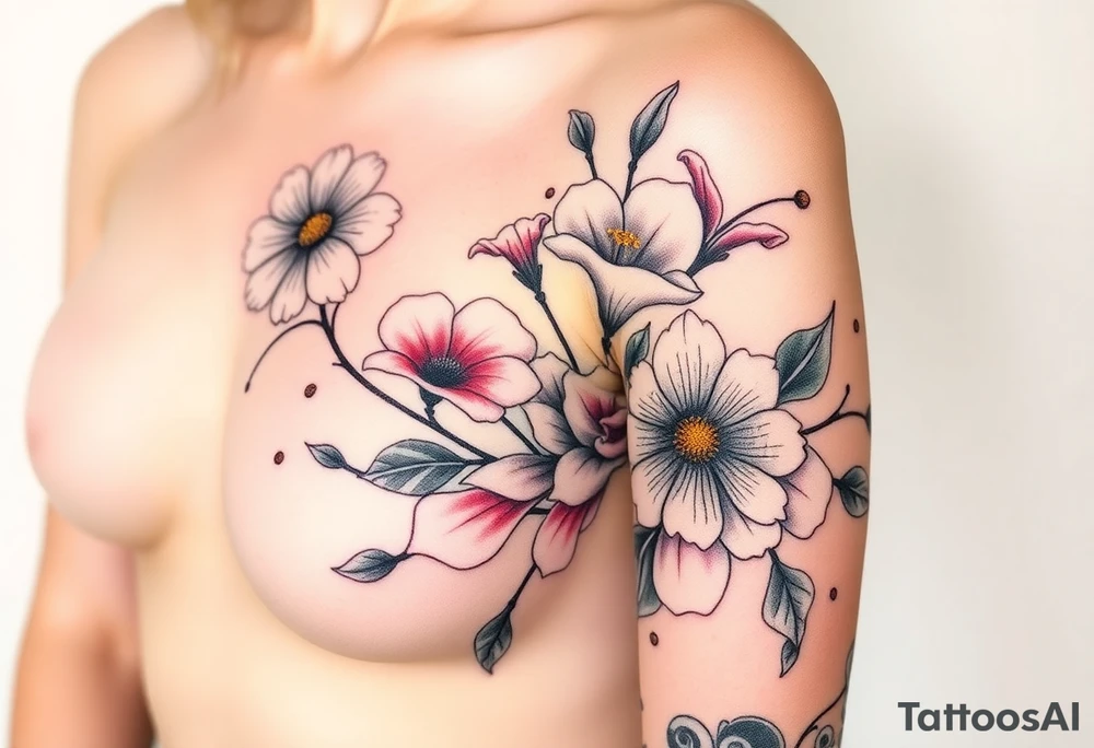 This tattoo is on a woman. It starts on her left side of the chest on the pectoral with a Glaiolus and Daisy together, then the tattoo rises over the left shoulder and down the arm and ends at the elbow. The tattoo will include a primroses, Calla Lilys, and Lillys. It will be light on color except in the petals and has light shading to make it pop. It will not wrap around the chest but rather bloom upwards from the pectoral and spill over the shoulder and down to the elbow. tattoo idea