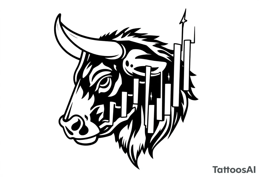 Create a minimalist black line tattoo of a bull’s head that transitions into an upward-trending candlestick stock chart. The design should have clean, fluid lines and combine the bull’s face and horns on the left, with the candlestick chart rising to the right, forming the shape of the bull’s jaw/neck. Keep the style simple and elegant, suitable for a forearm or upper arm tattoo.” tattoo idea