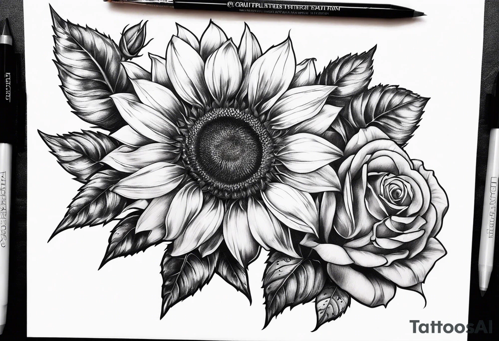 Sunflower and rose flower tattoo idea
