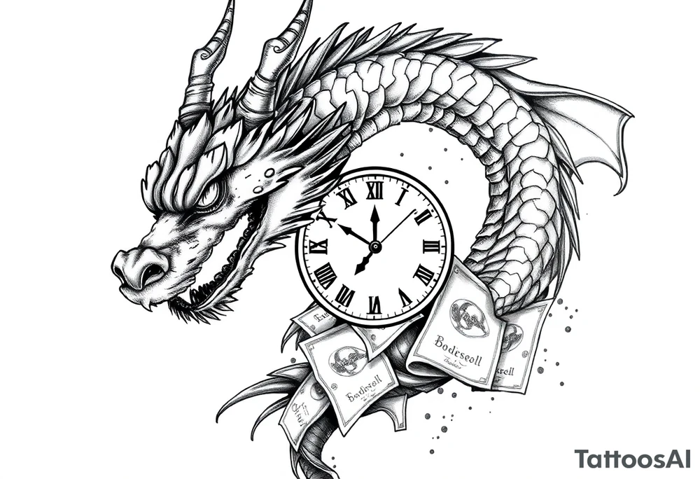 Horror dragon tattoo with clock, dollars on background tattoo idea