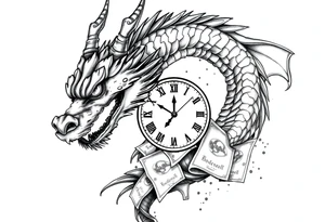 Horror dragon tattoo with clock, dollars on background tattoo idea